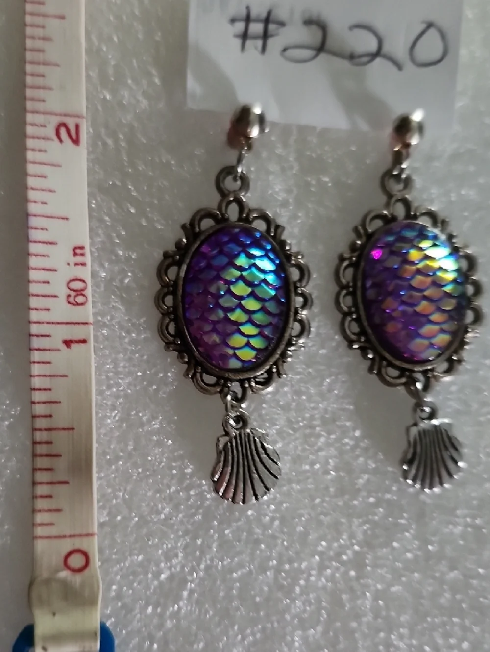 Iridescent Purple Mermaid-Scale Drop Earrings with Shell Charm